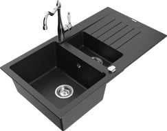 Mexen Matias granite sink 1.5-bowl with drainer and Carla kitchen tap black/silver metallic - 6502-73-670700-00