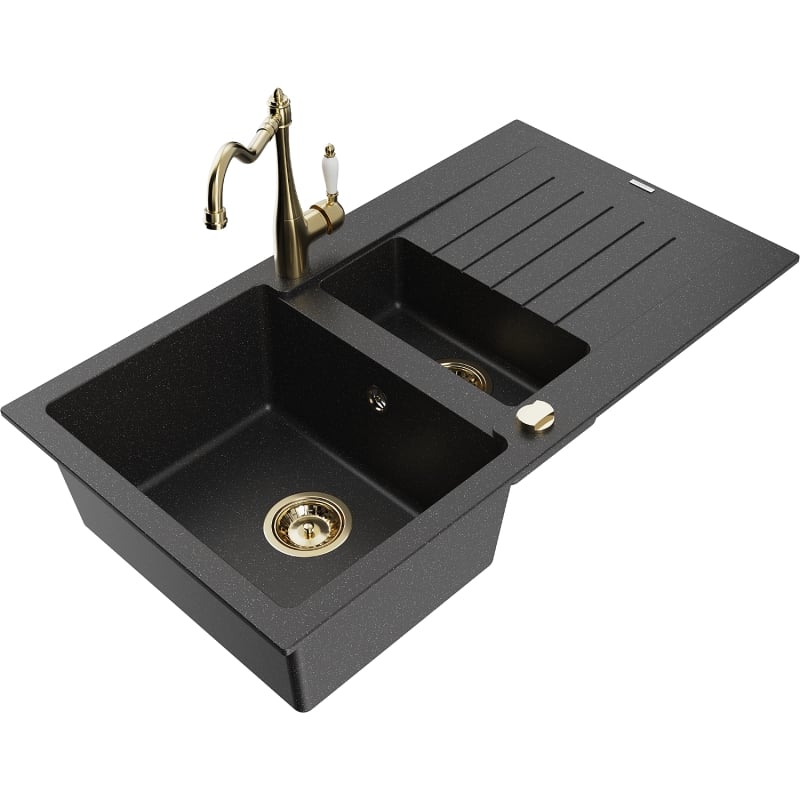 Mexen Matias granite kitchen sink 1.5-bowl with drainer and kitchen faucet Carla black/silver metallic - 6502-73-670700-50