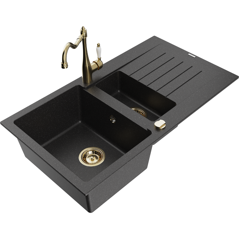 Mexen Matias granitizlietne 1,5 nodalījumu ar notecējamo un virtuves jaucējkrānu Carla melns/sudraba metāliks