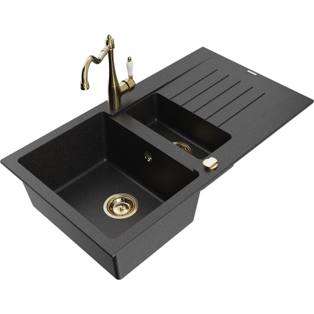 Mexen Matias 1,5-Kammer-Granispüle mit Abtropffläche und Küchenarmatur Carla schwarz/silber Metallic - 6502-73-670700-50