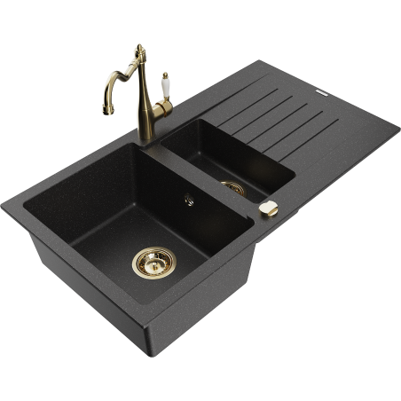 Mexen Matias granite kitchen sink 1.5-bowl with drainer and kitchen faucet Carla black/silver metallic - 6502-73-670700-50