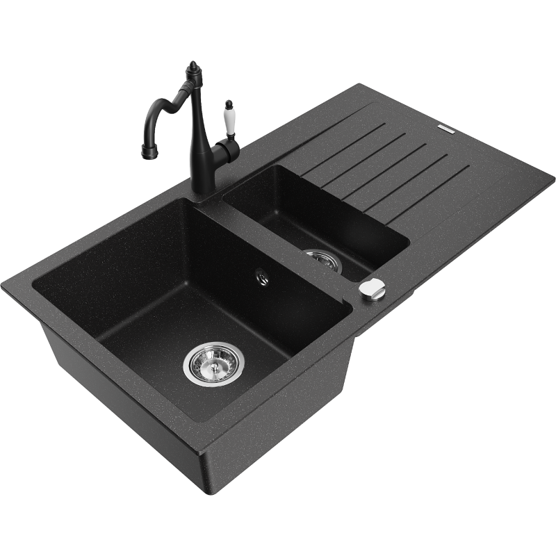 Mexen Matias Granitspüle 1,5-fach mit Abtropffläche und Küchenarmatur Carla schwarz/silber Metallic - 6502-73-670700-70