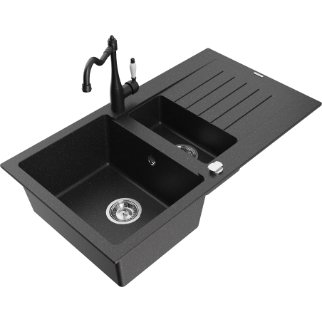 Mexen Matias granite sink 1.5-bowl with drainer and Carla kitchen tap black/silver metallic - 6502-73-670700-70