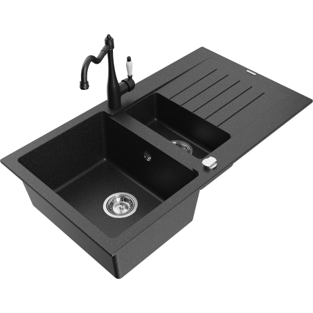 Mexen Matias Granitspüle 1,5-fach mit Abtropffläche und Küchenarmatur Carla schwarz/silber Metallic - 6502-73-670700-70