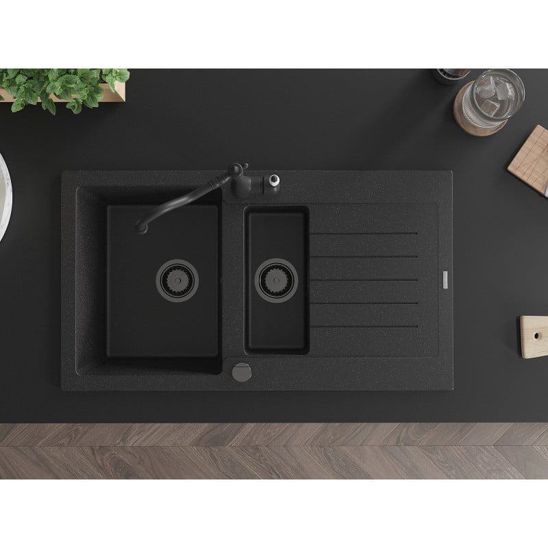 Mexen Matias fregadero de granito de 1,5 senos con escurridor y grifo de cocina Carla, negro/plata - 6502-73-670700-70-B