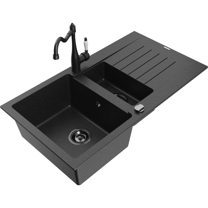Mexen Matias lava-loiça de granito 1,5-cuba com escorredor e torneira de cozinha Carla, preto/prateado - 6502-73-670700-70-B