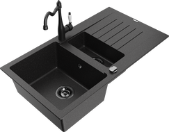 Mexen Matias granite sink 1.5-bowl with drainer and Carla kitchen tap, black/silver - 6502-73-670700-70-B