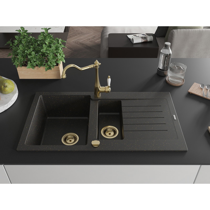 Mexen Matias Granitspüle 1,5 Kammern mit Abtropffläche und Küchenarmatur Carla, schwarz/goldenes Metallic - 6502-75-670700-50