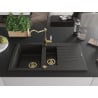 Mexen Matias Granitspüle 1,5-fach mit Abtropffläche und Küchenarmatur Carla, schwarz/gold Metallic - 6502-75-670700-50