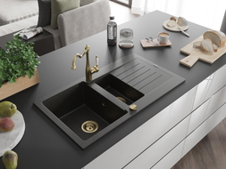 Mexen Matias lavello in granito da 1,5 vasche con scolapiatti e rubinetto cucina Carla, nero/oro metallizzato