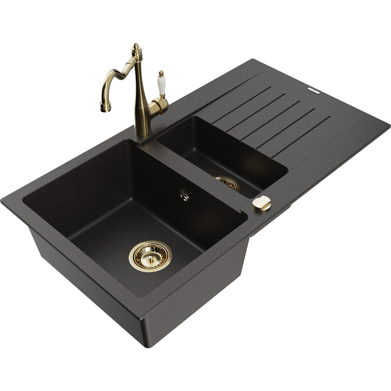 Mexen Matias granieten spoelbak 1,5-komer met afdruiprek en keukenkraan Carla, zwart/goud metallic - 6502-75-670700-50