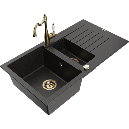 Mexen Matias granieten spoelbak 1,5-komer met afdruiprek en keukenkraan Carla, zwart/goud metallic - 6502-75-670700-50