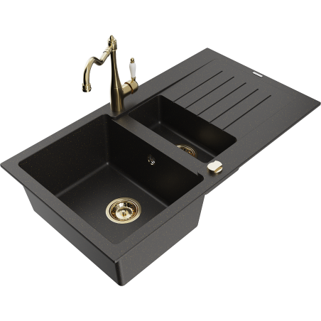 Mexen Matias Granitspüle 1,5-fach mit Abtropffläche und Küchenarmatur Carla, schwarz/gold Metallic - 6502-75-670700-50