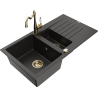 Mexen Matias granite sink 1.5-bowl with drainer and Carla kitchen tap, black/gold metallic - 6502-75-670700-50