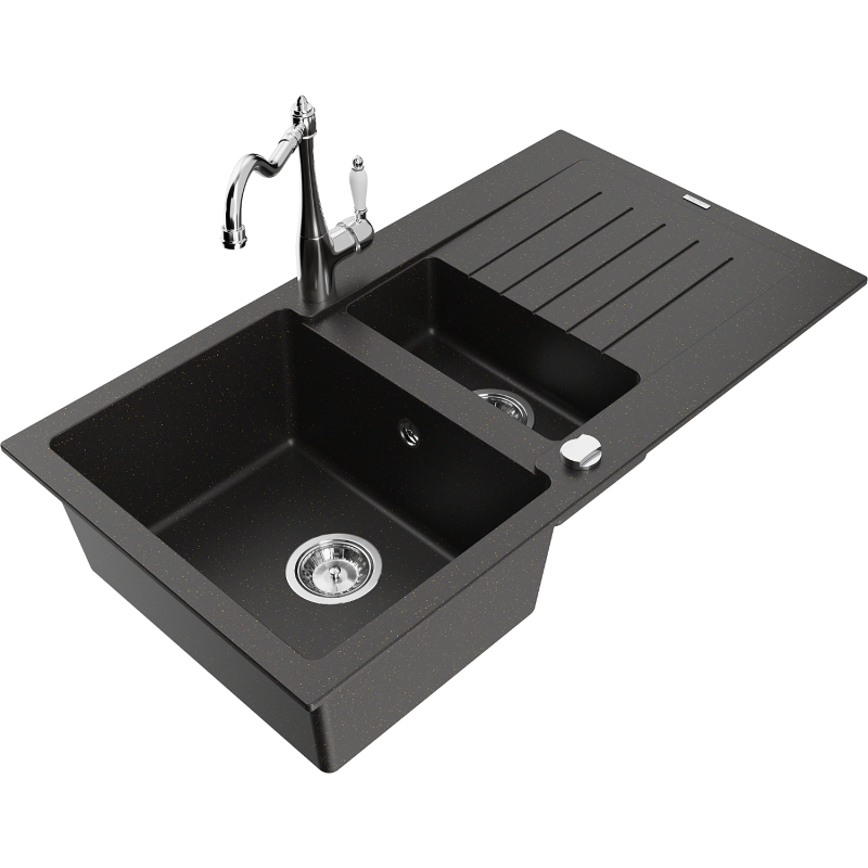 Mexen Matias lava-loiça de granito 1,5-cuba com escorredor e torneira de cozinha Carla, preto/dourado metálico