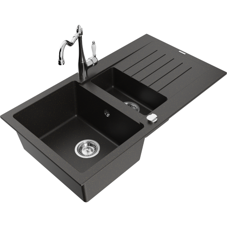 Mexen Matias fregadero de granito de 1,5 cubetas con escurridor y grifo de cocina Carla, negro/dorado metálico