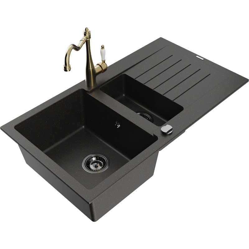 Mexen Matias granite sink 1.5-bowl with drainer and Carla kitchen tap black/gold metallic - 6502-75-670700-50-B