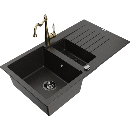 Mexen Matias 1.5-bowl granite sink with drainer and Carla kitchen faucet black/gold metallic - 6502-75-670700-50-B