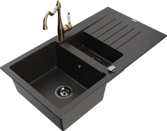 Mexen Matias granite sink 1.5-bowl with drainer and Carla kitchen tap black/gold metallic - 6502-75-670700-50-B