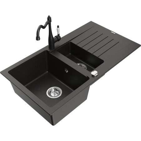 Mexen Matias granite sink 1.5-bowl with drainer and Carla kitchen tap black/gold metallic - 6502-75-670700-70
