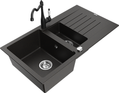 Mexen Matias granite sink 1.5-bowl with drainer and Carla kitchen tap black/gold metallic - 6502-75-670700-70