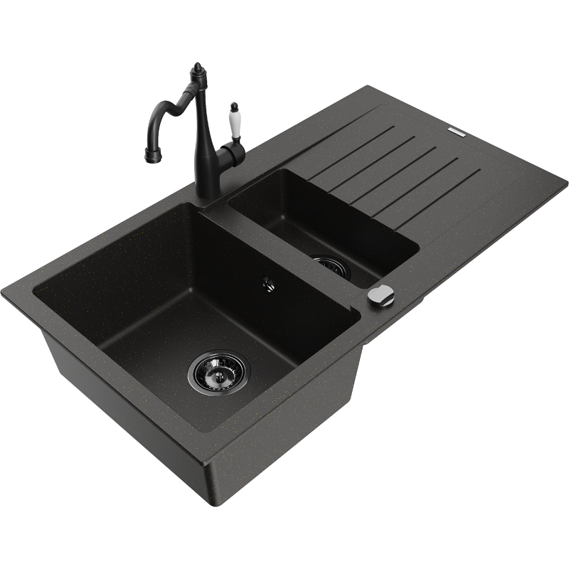 Mexen Matias granieten spoelbak 1,5-kamer met afdruiprek en keukenmengkraan Carla zwart/goud metallic - 6502-75-670700-70-B