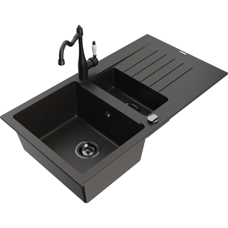 Mexen Matias granite sink 1.5-bowl with drainer and kitchen tap Carla black/gold metallic - 6502-75-670700-70-B