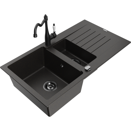 Mexen Matias granite sink 1.5-bowl with drainer and kitchen tap Carla black/gold metallic - 6502-75-670700-70-B