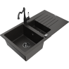 Mexen Matias granieten spoelbak 1,5-kamer met afdruiprek en keukenmengkraan Carla zwart/goud metallic - 6502-75-670700-70-B