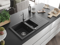 Mexen Matias 1.5-bowl granite sink with drainer and Carla kitchen tap, speckled black - 6502-76-670700-00