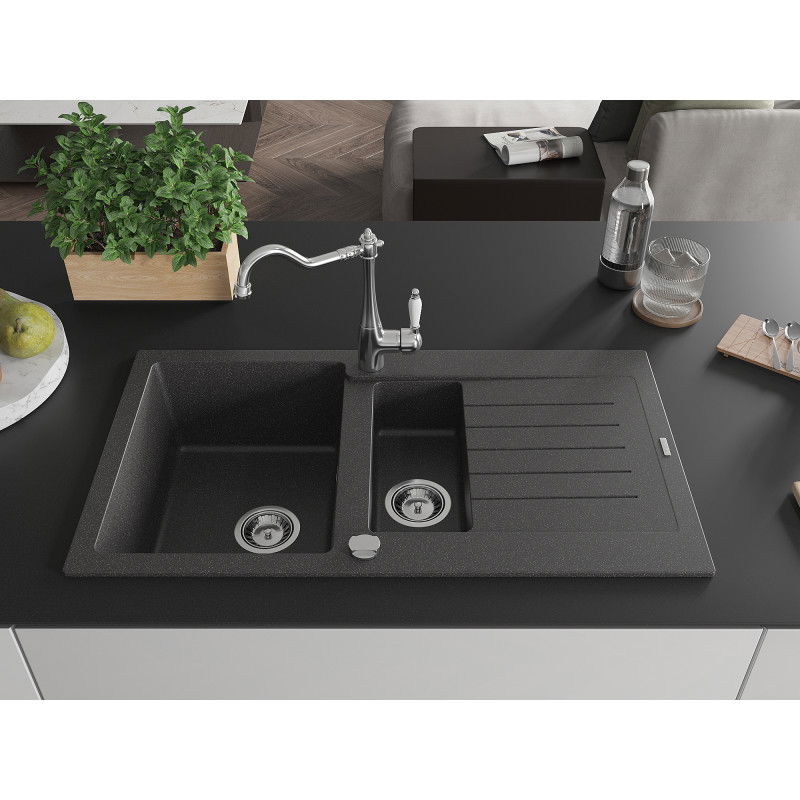 Mexen Matias 1.5-bowl granite sink with drainer and Carla kitchen tap, speckled black - 6502-76-670700-00