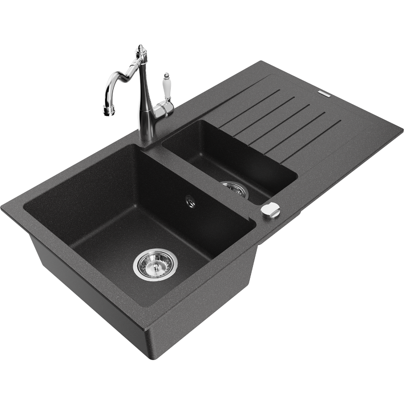 Mexen Matias fregadero de granito de 1,5 senos con escurridor y grifo de cocina Carla, negro moteado - 6502-76-670700-00