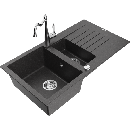 Mexen Matias 1.5-bowl granite sink with drainer and Carla kitchen tap, speckled black - 6502-76-670700-00
