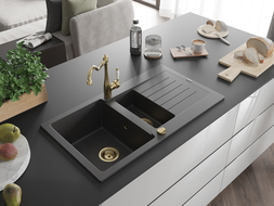 Mexen Matias granite sink 1.5-bowl with drainer and Carla kitchen tap, speckled black - 6502-76-670700-50