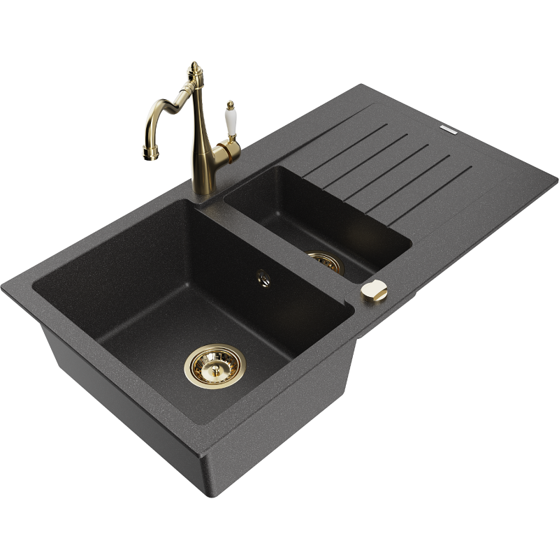 Mexen Matias granite sink 1.5-bowl with drainer and Carla kitchen tap, speckled black - 6502-76-670700-50
