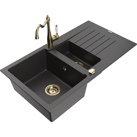 Mexen Matias granite sink 1.5-bowl with drainer and Carla kitchen tap, speckled black - 6502-76-670700-50