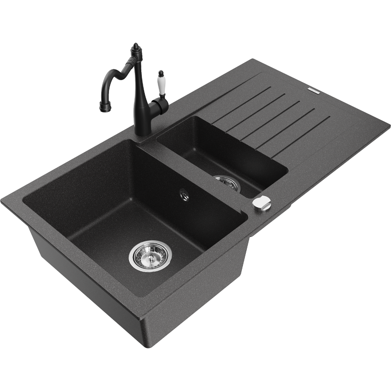 Mexen Matias fregadero de granito de 1,5 cubetas con escurridor y grifo de cocina Carla, negro moteado - 6502-76-670700-70
