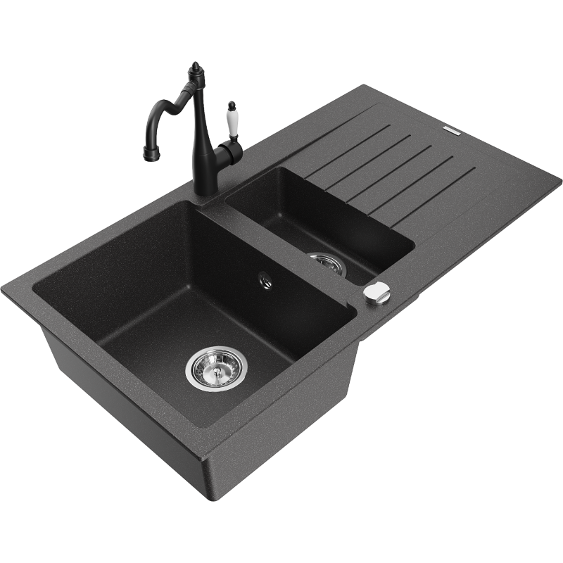 Mexen Matias granite sink 1.5-bowl with drainer and Carla kitchen tap, black speckled - 6502-76-670700-70