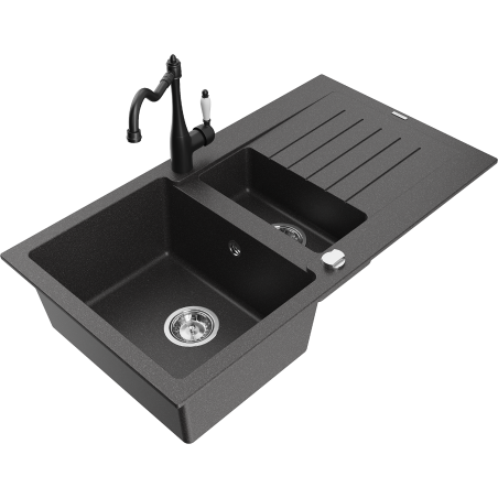 Mexen Matias fregadero de granito de 1,5 cubetas con escurridor y grifo de cocina Carla, negro moteado - 6502-76-670700-70