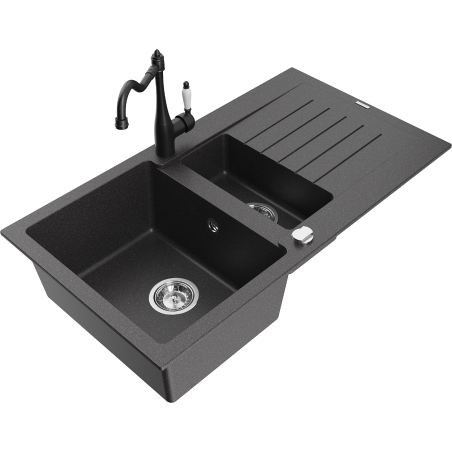 Mexen Matias fregadero de granito de 1,5 senos con escurridor y grifo de cocina Carla, negro moteado - 6502-76-670700-70