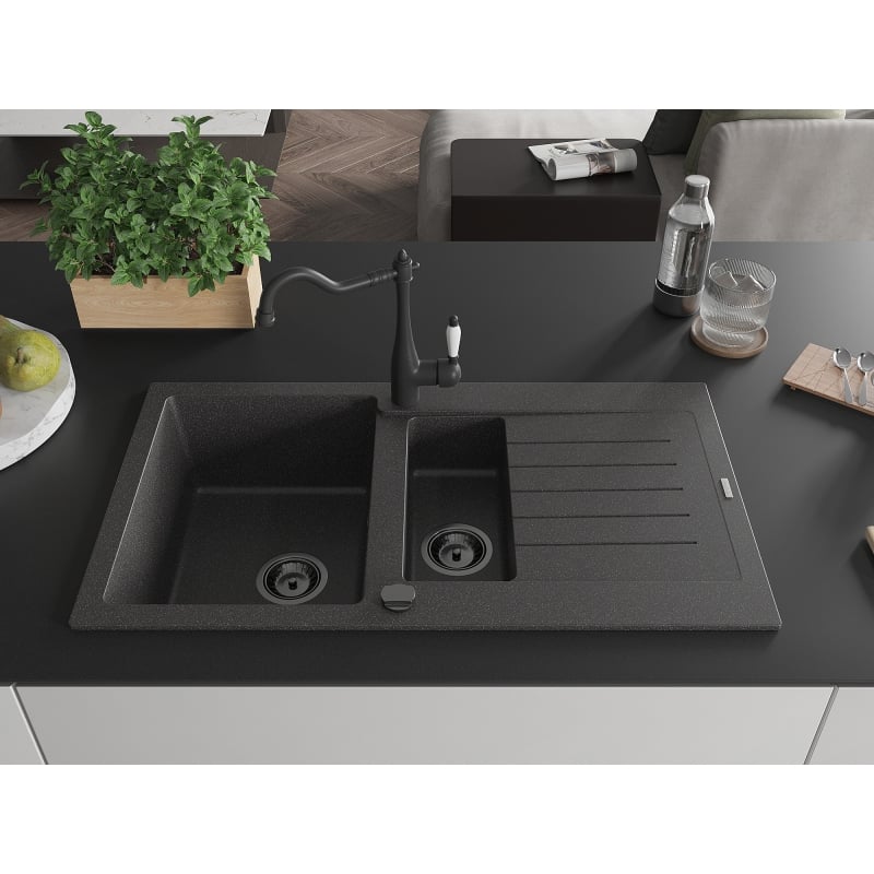 Mexen Matias granite kitchen sink 1.5-bowl with drainer and Carla kitchen faucet, speckled black - 6502-76-670700-70-B