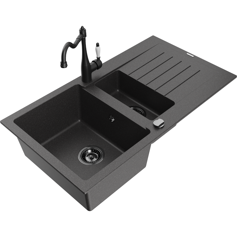 Mexen Matias fregadero de granito de 1,5 senos con escurridor y grifo de cocina Carla, negro moteado - 6502-76-670700-70-B