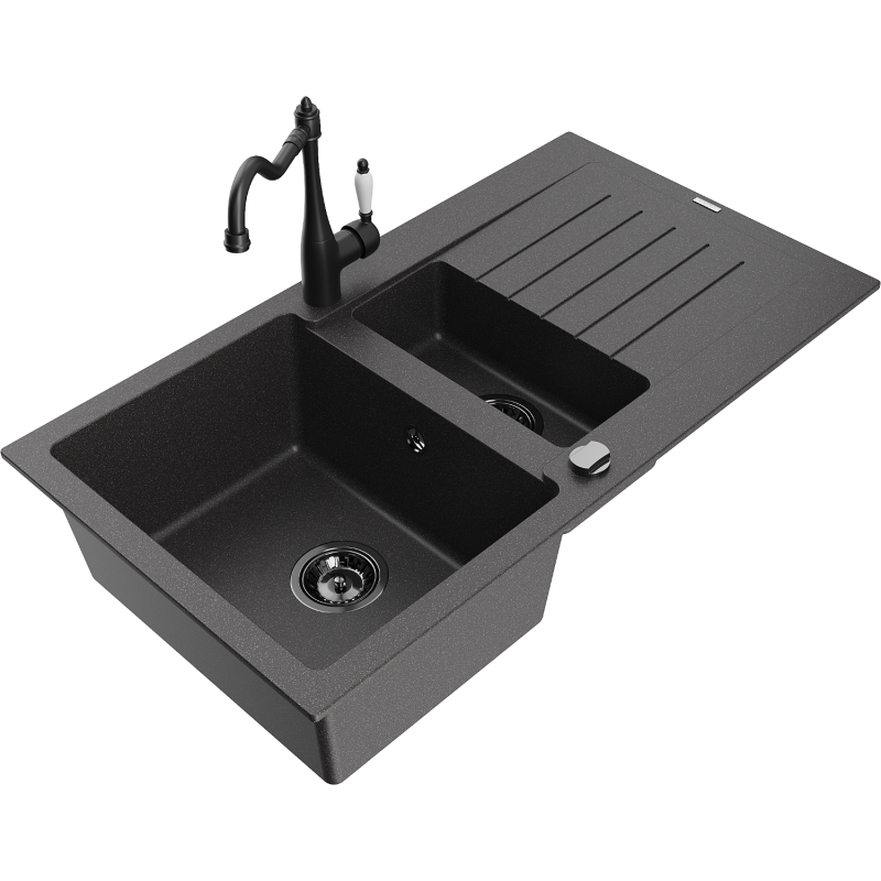 Mexen Matias Granitspullutt 1,5-Kompartiment mat Oflaaf an Kichenkraan Carla, schwaarz gesprenkelt - 6502-76-670700-70-B