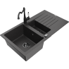Mexen Matias lavello in granito da 1,5 vasche con scolapiatti e rubinetto da cucina Carla, nero screziato - 6502-76-670700-70-B