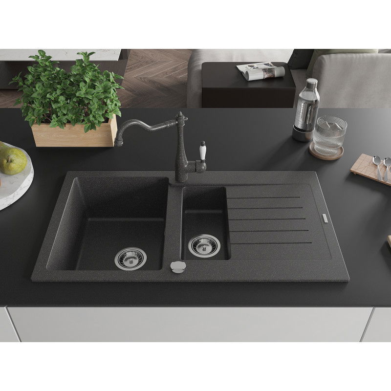 Mexen Matias 1.5-bowl granite kitchen sink with drainer and Carla kitchen tap, speckled black - 6502-76-670700-76