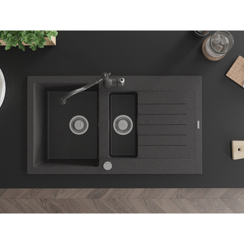 Mexen Matias granitspüle 1,5-becken mit abtropffläche und küchenarmatur Carla, schwarz gesprenkelt - 6502-76-670700-76