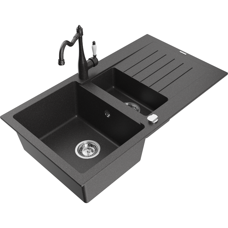 Mexen Matias granīta izlietne ar 1,5 nodalījumiem, ar noteku un virtuves maisītāju Carla, melna ar plankumiem