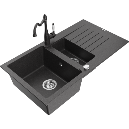 Mexen Matias 1.5-bowl granite kitchen sink with drainer and Carla kitchen tap, speckled black - 6502-76-670700-76