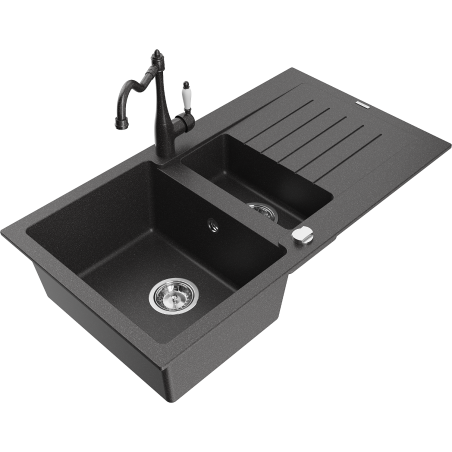 Mexen Matias granīta izlietne ar 1,5 nodalījumiem, ar noteku un virtuves maisītāju Carla, melna ar plankumiem