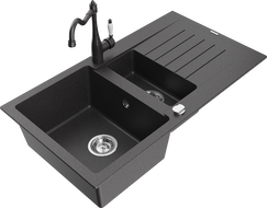 Mexen Matias 1.5-bowl granite kitchen sink with drainer and Carla kitchen tap, speckled black - 6502-76-670700-76